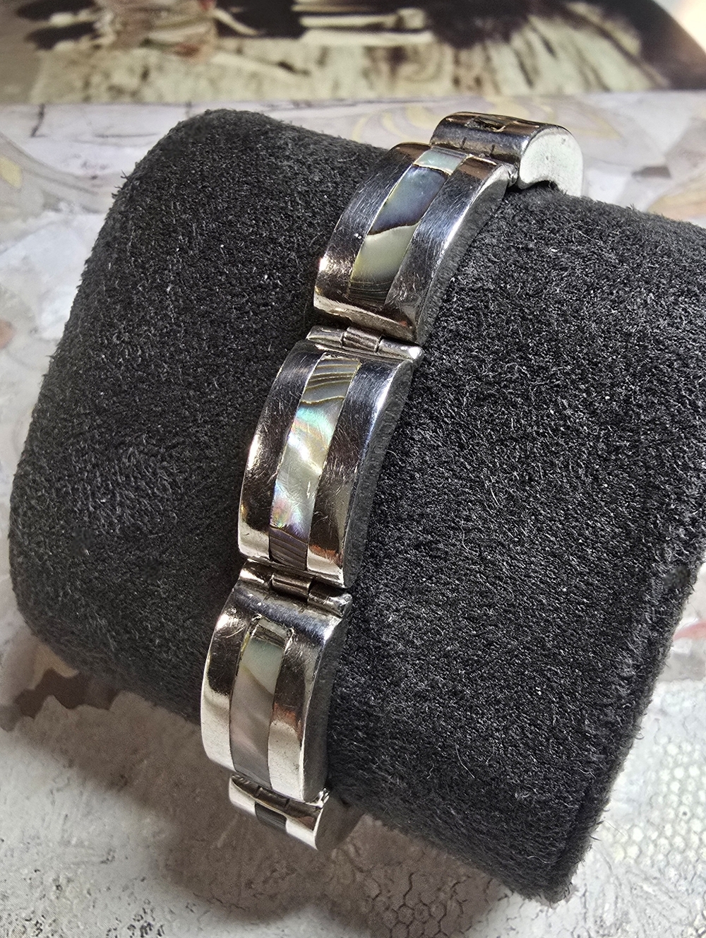 Exquisite Vintage .925 Sterling Silver and Inlayed Abalone Link Bracelet, 6.75"